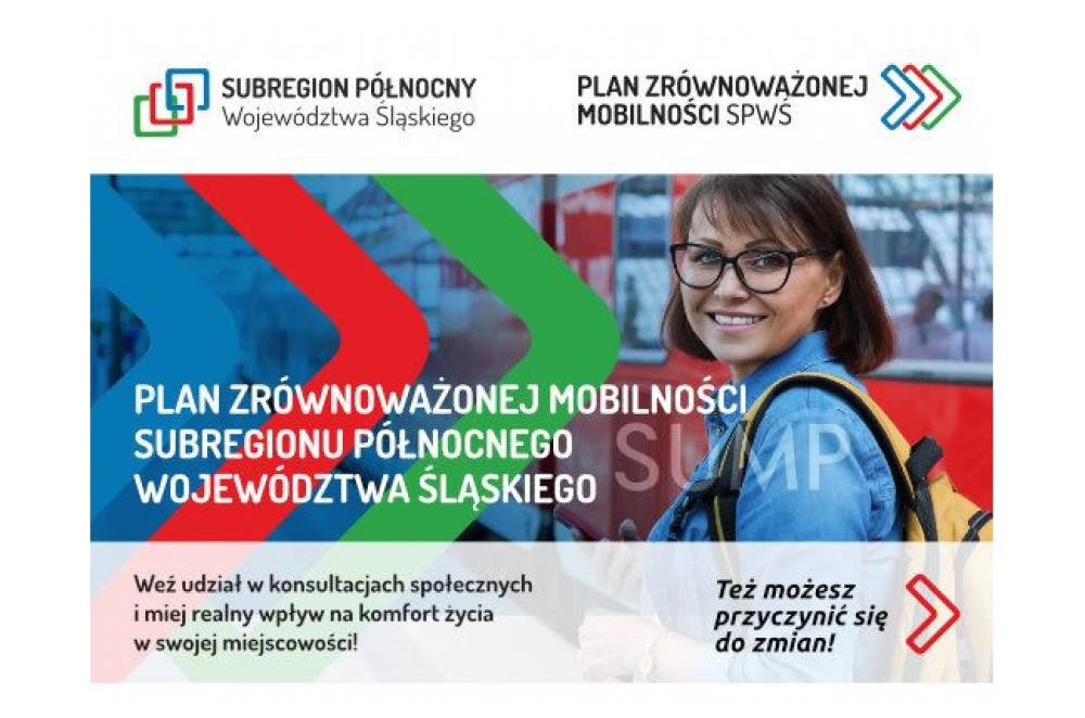 : Baner promujący konsultacje społeczne nad Planem Zrównoważonej Mobilności dla Subregionu Północnego Województwa Śląskiego.